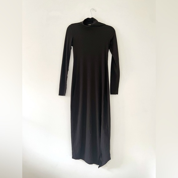 AFRM Joyce ribbed mockneck midi dress black long sleeve slit front bodycon small - Picture 3 of 9